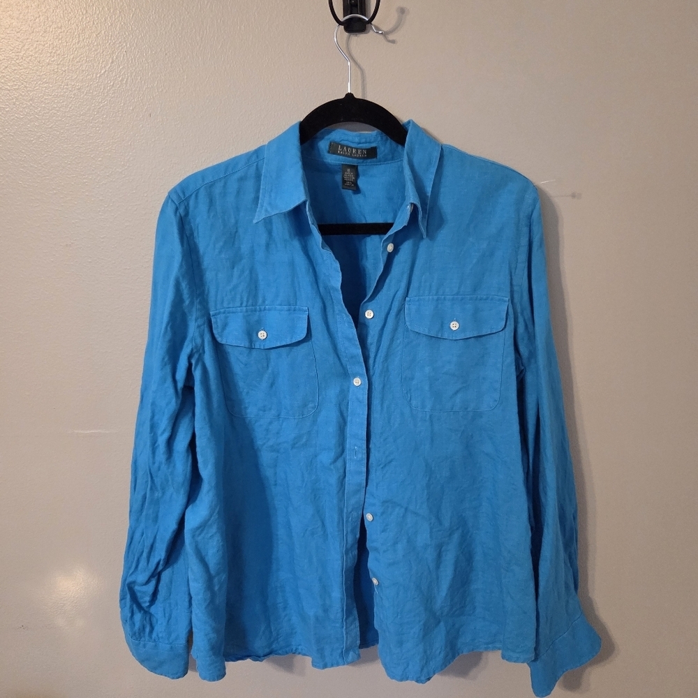 Lauren Ralph Lauren Women's 100% Linen Blue Button Up Shirt Lagenlook. Sz XL